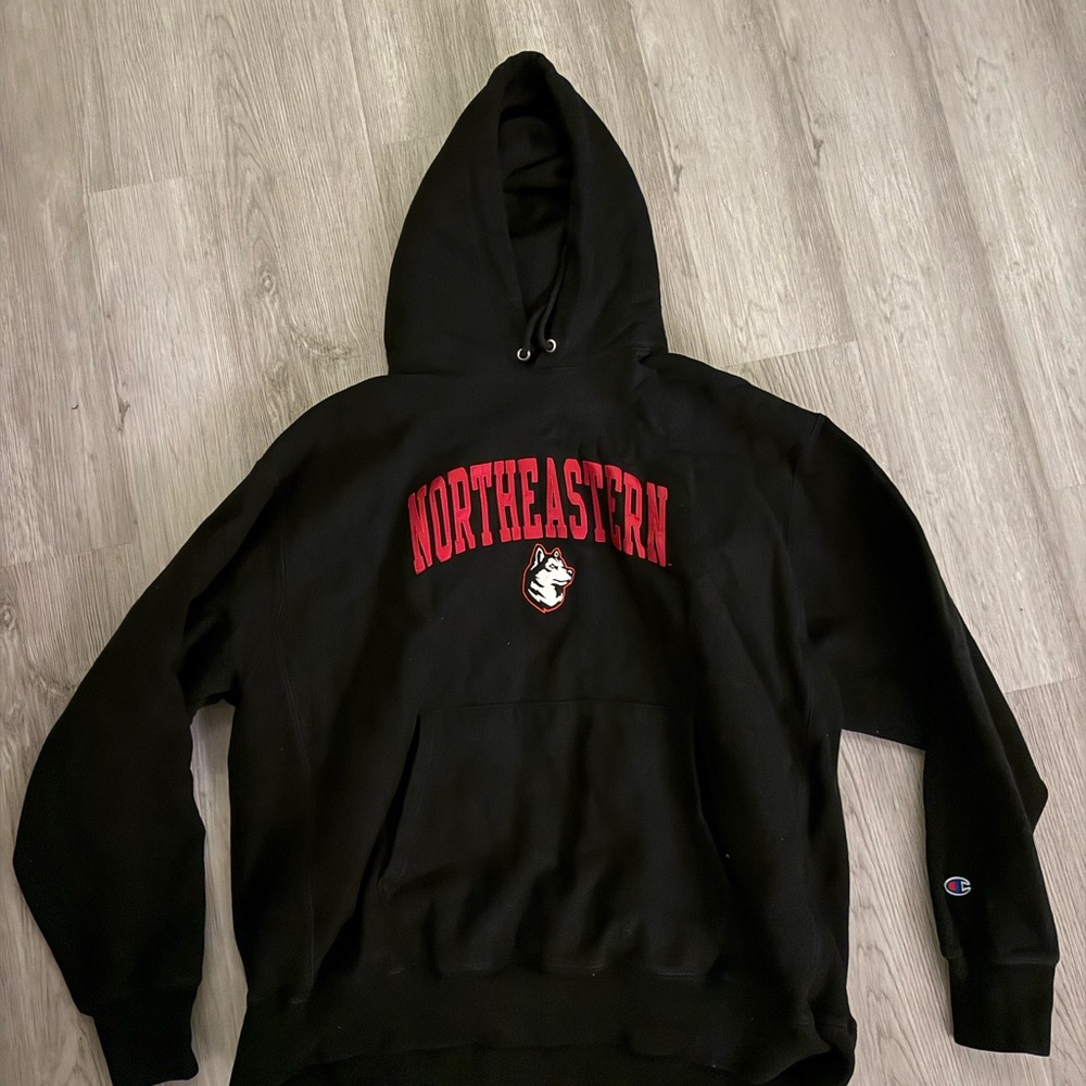 Champion Black Hoodie with Red Northeastern Logo